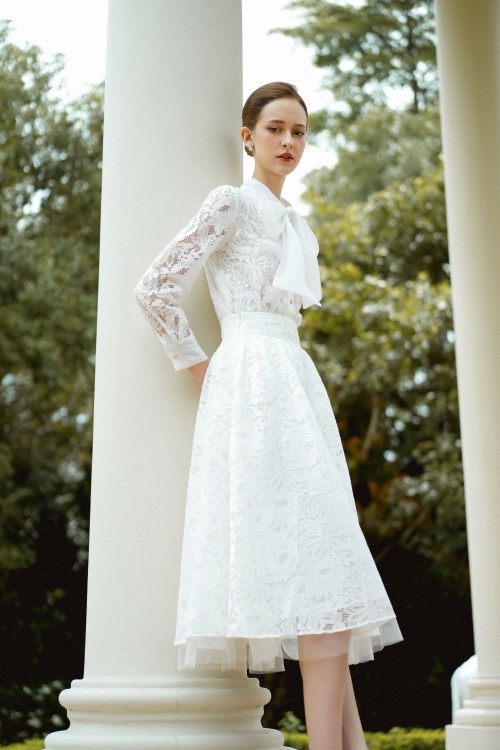 Sixdo White Lace Flared Skirt